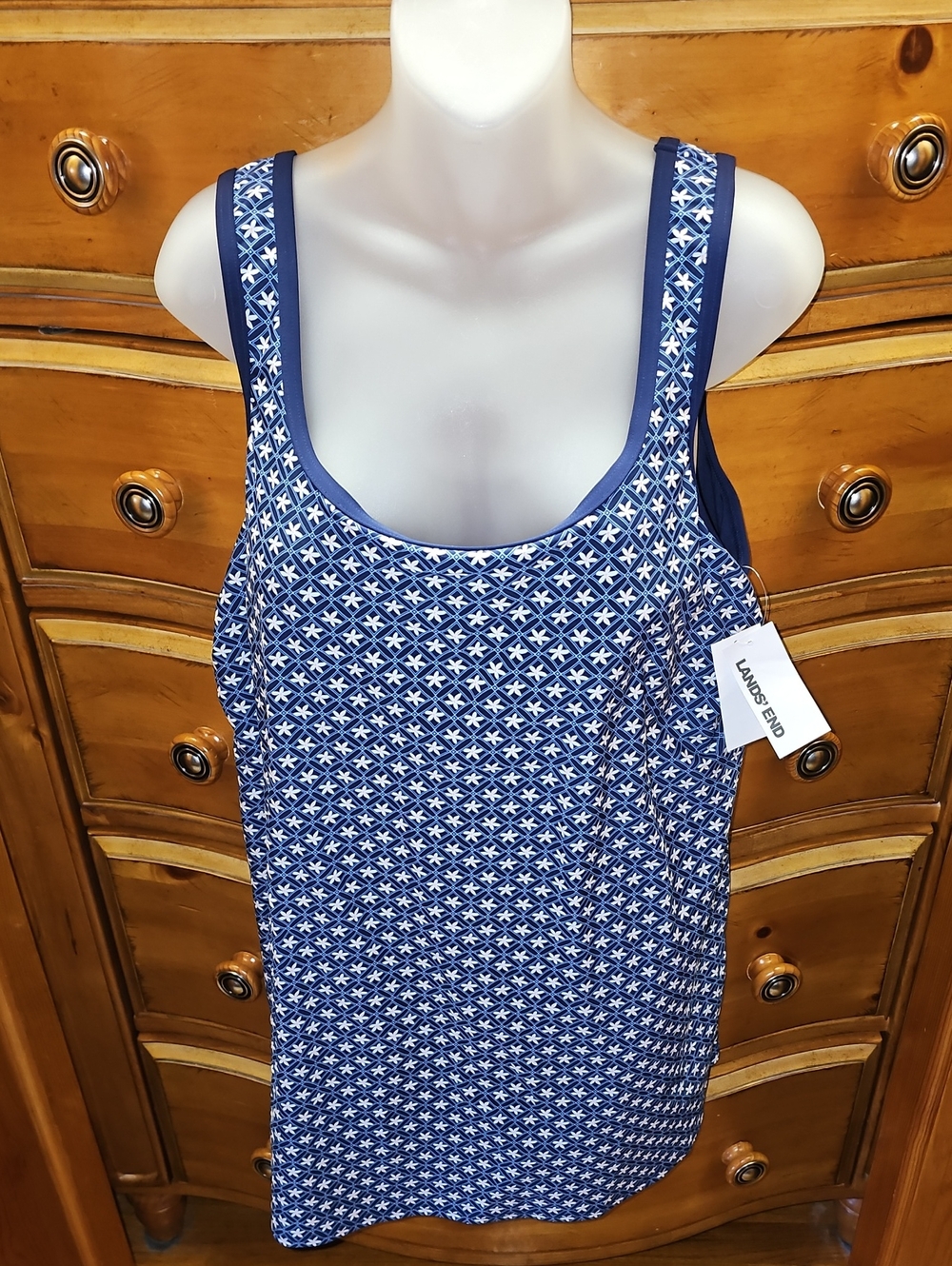 Lands' End Navy and White Floral Swim Dress